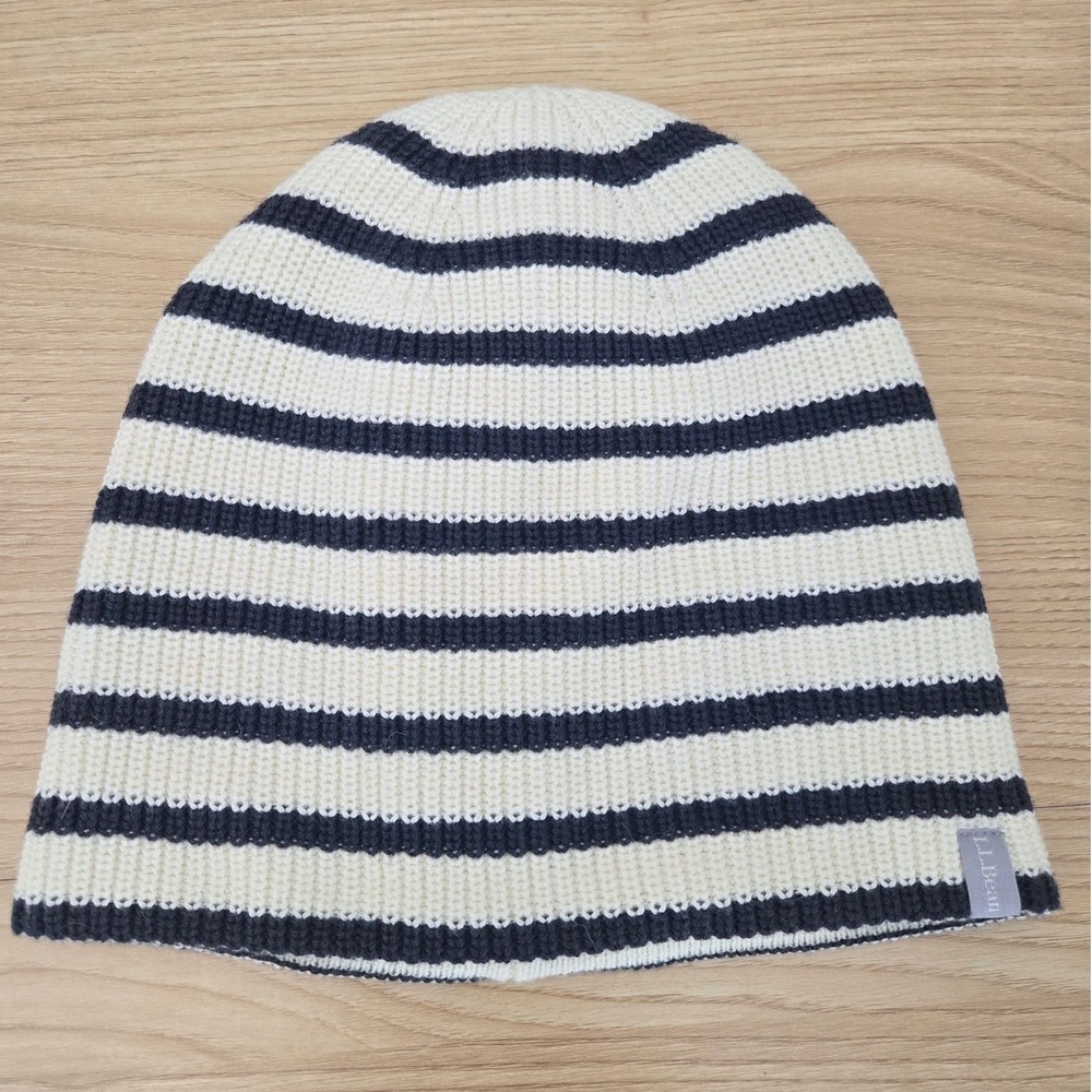 LL Bean Striped Knit Beanie Hat Ivory Navy Blue Fleece Lined Winter Cap Womens